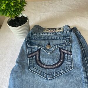 True Religion Light Blue Straight Jeans with Navy Stitching
